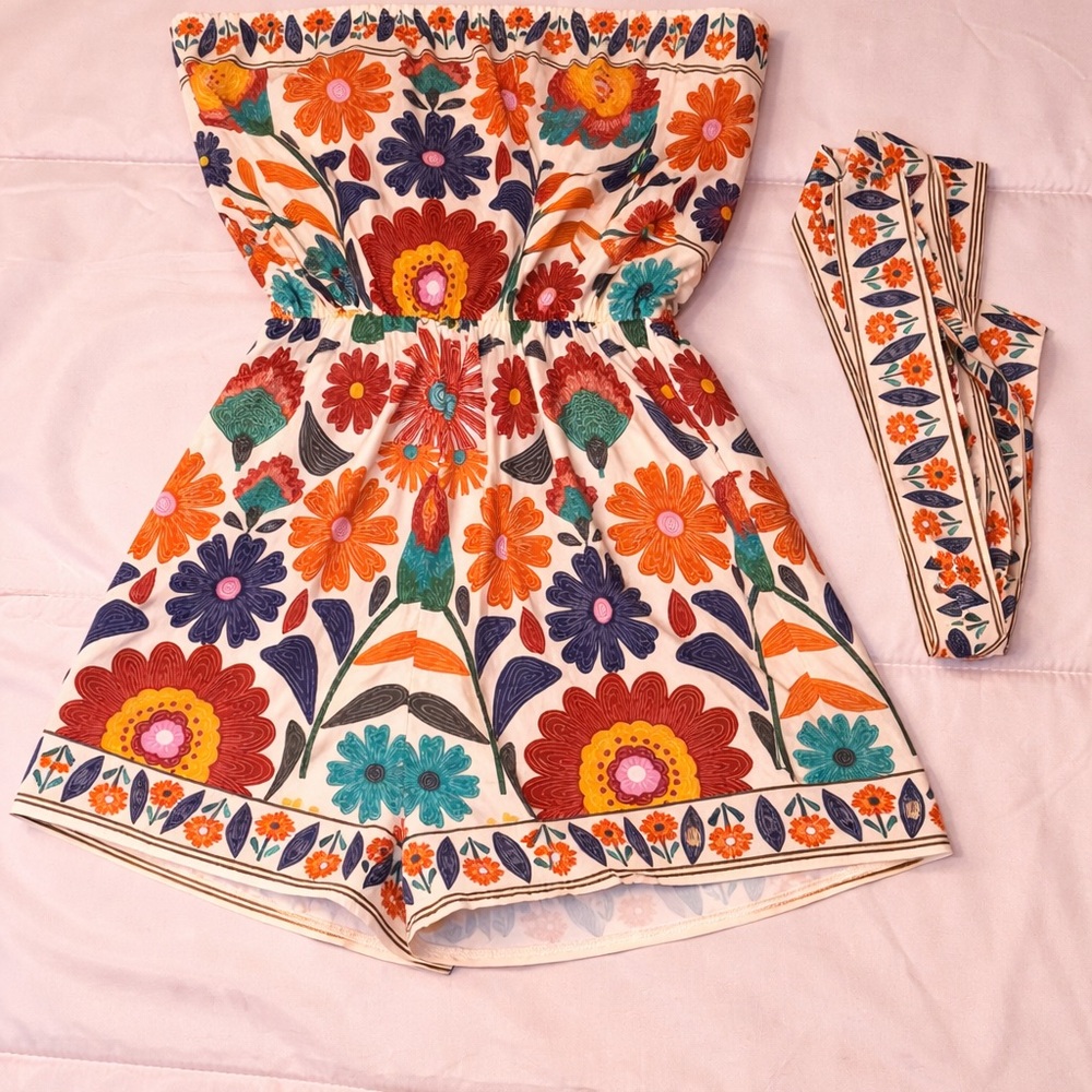 SHEIN White Floral Strapless Romper with Orange, Teal & Purple Print
